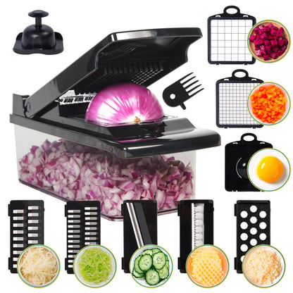 SANTOZZ Multifunctional Vegetable Chopper with Container, Vegetable Cutter with Interchangeable Blades, Onion Slicer, Garlic Grinder, Dicer for Potato, Carrot Chopper