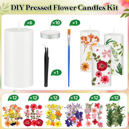 MTLEE 24 Pack Dried Pressed Flower Candle Painting Kit 6 White Pillar 6 Dried Pressed Flower 10 Tealight Candle Tweezer Brush for Galentines Girls Night Birthday Wedding Party DIY Crafts(4 Inch)