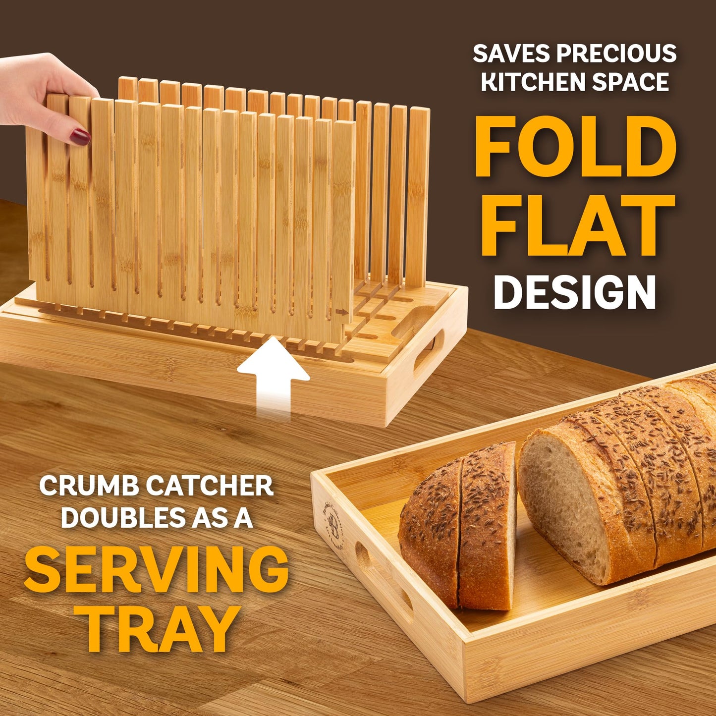 Bread Slicer for Homemade Bread - Bambüsi Upgraded Adjustable Bamboo Bread Cutter Board, Foldable Slicing Guide with Crumb Tray for Sourdough, Artisan Loaves, Bagels, Cakes, Bakery Kitchen Gadget Gift