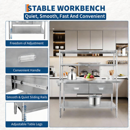 Garvee Stainless Steel Table with Shelves and Drawers, 48" X 24" Commercial Work Tables with 2-Tier Overshelves, Metal Kitchen Prep Table for Home Restaurant Garage, Commercial Workbench