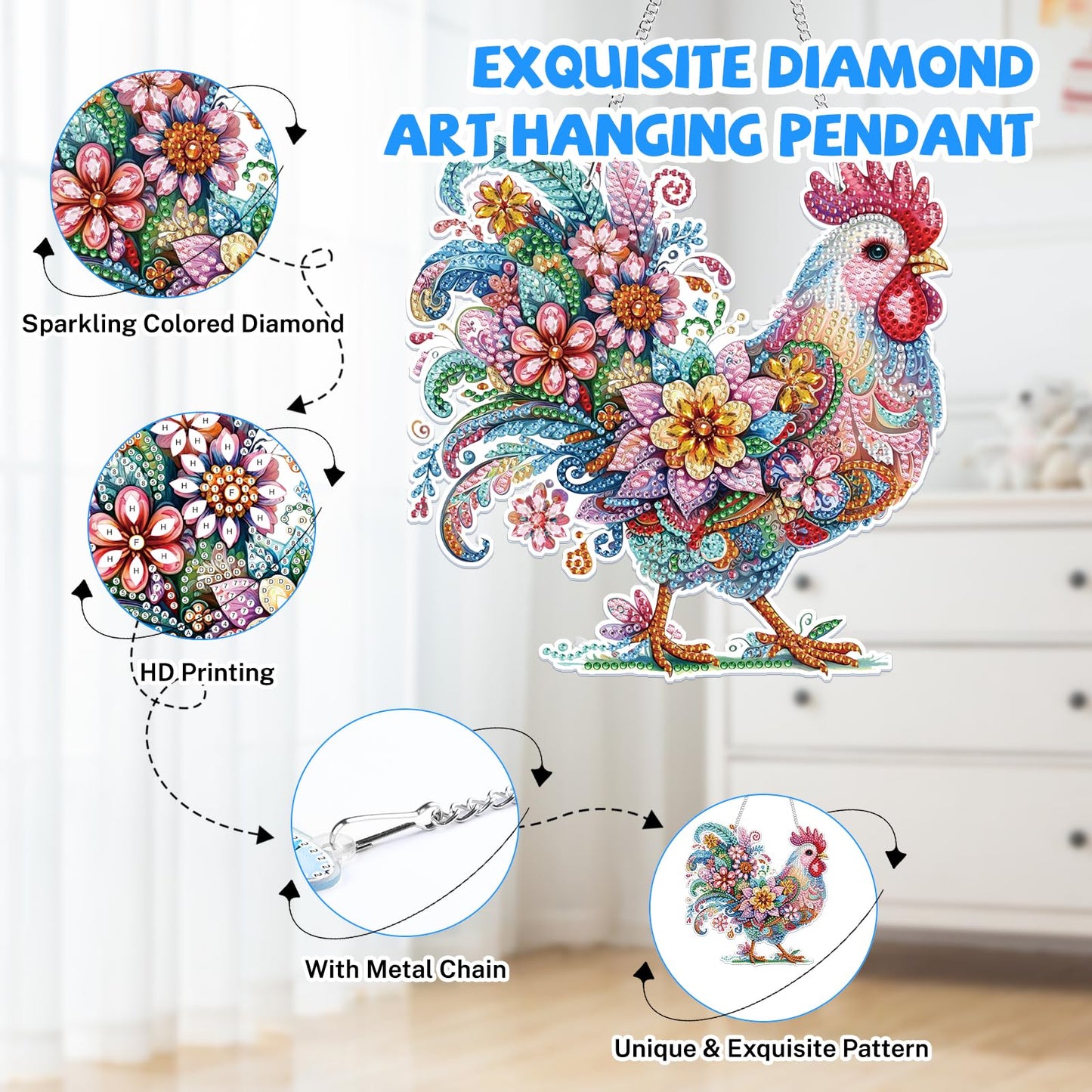 Bowetile Chicken Hanging Diamond Art Painting Kits for Adults, 5D Special Shape Diamond Art Chicken Kits, Crystal Diamond Gem Art Suncatchers Painting Pendant for Home Wall Decor
