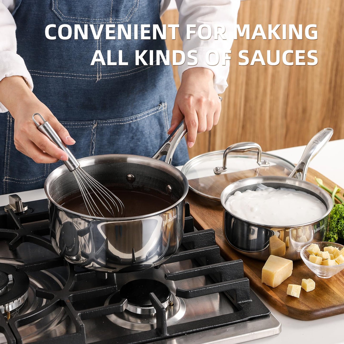 DELUXE Hybrid Ceramic Nonstick 3-Quart Saucepan with Tempered Glass Lid, Stainless Steel Pot with Stay-Cool Handle, Dishwasher Oven Safe, Induction Ready, PFOA Free Compatible with All Cooktops