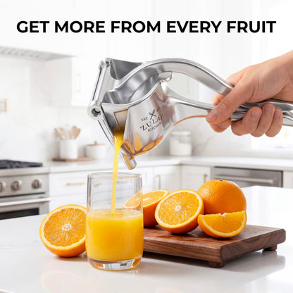 Zulay Manual Fruit Juicer- Heavy Duty Juice Press Squeezer with Detachable Lever & Removable Strainer - Fruit Press & Hand Juicer For Pomegranates, Lemons, Oranges, and More (Silver)