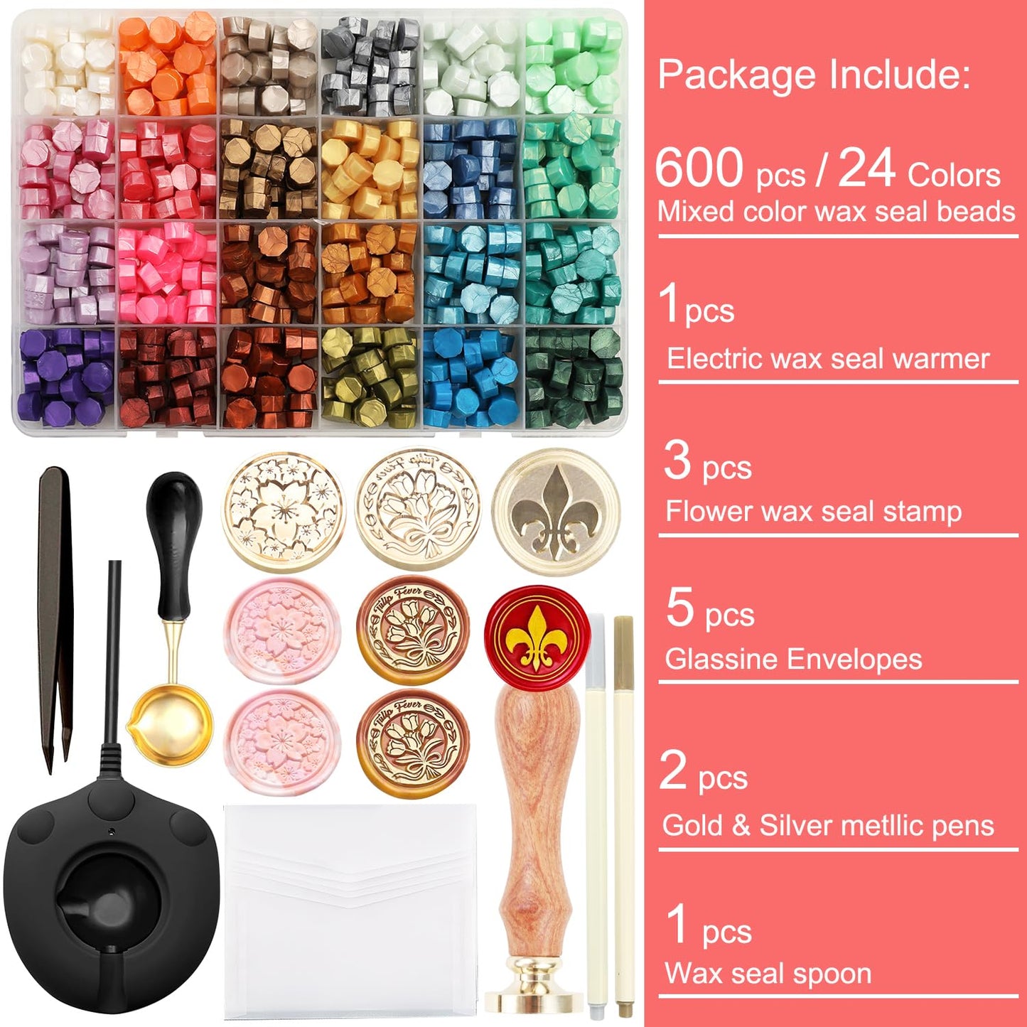 Wax Seal Electric Kit with 24 Colors Wax Seal Beads 600pcs, 3pcs (Sakura/Tulip/Fleur de Lis) Stamps with Electric Warmer Set for Sealing Invitation, Christmas, Gift Wrapping(Flower Stamp Kit)