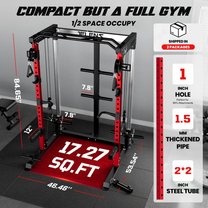 JELENS C21 Power Cage, 2000LBS Multi-Function Power Rack with Independent Dual Pulley System, All-in-One Squat Rack for Cable Crossover, Home Gym Workout Machine (Red,140LBS Black)