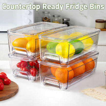 Large Fridge Organizer Drawers, 4 Pack Clear Pull-Out Refrigerator Organizer Bins, Stackable Fruit and Vegetable Storage Containers for Kitchen, Refrigerator, Pantry