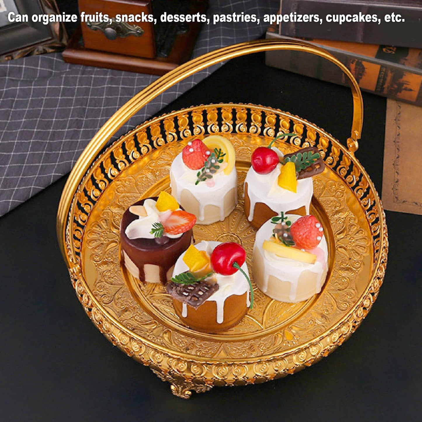 Retro Round Fruit Tray Exquisite Decorative Large Capacity Alloy Dessert Plate Golden Zinc Alloy Fruit Trays for Parties with Handle Decorative Serving Tray for Party Home Bar Cafe