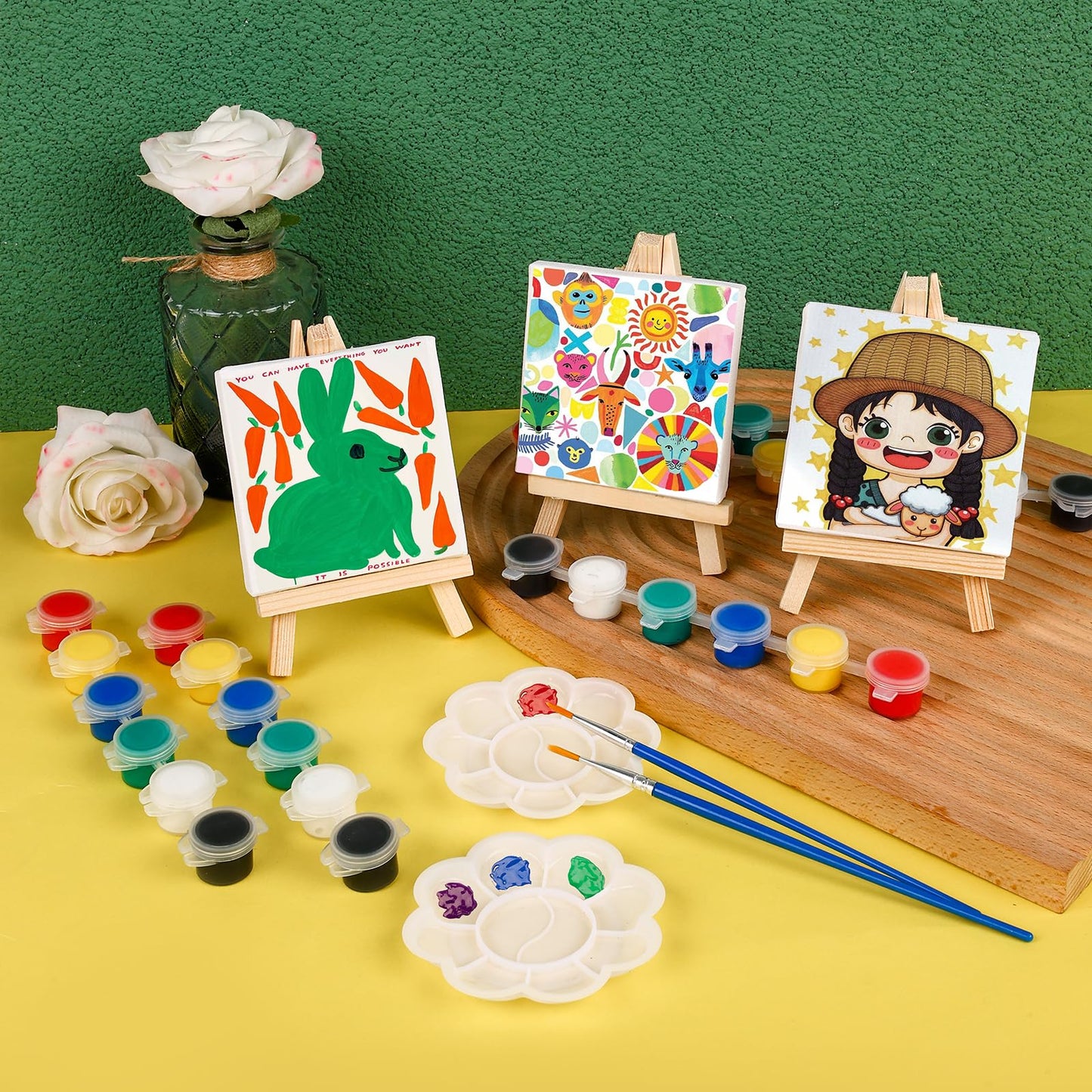 ESRICH 12 Set Mini Acrylic Paint Kit, Minis Stretched Canvas with Easel, Acrylic Paint Strips, Palettes, Painting Brushes, Mini Canvas and Easel Set for Kids Artists Beginner,Gift