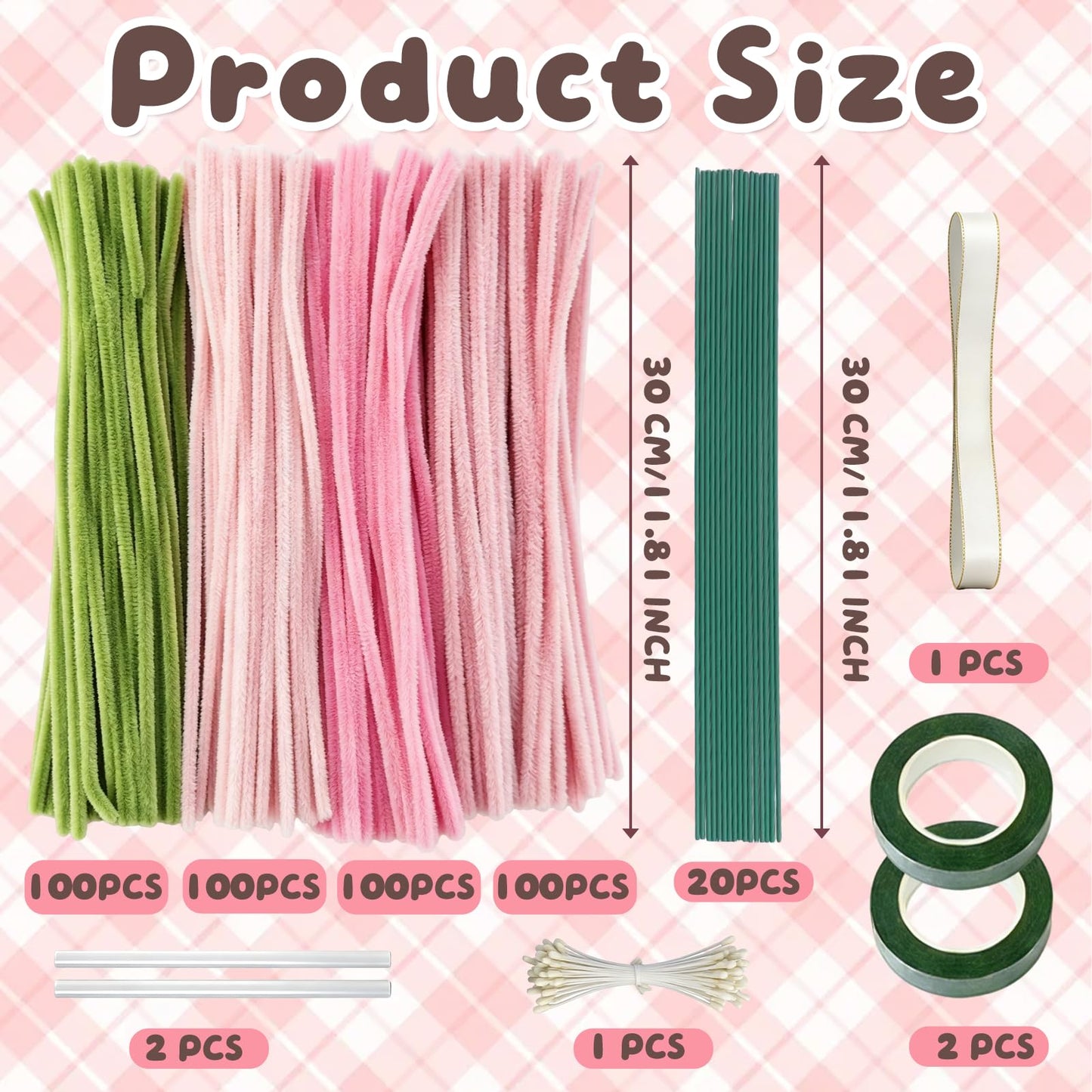 houlishu 400 Pcs Pipe Cleaners Craft Kit - 300 Pink 100 Green Chenille Stems with Floral Wires Stamens Ribbon Adhesive Tapes for DIY Flower Making