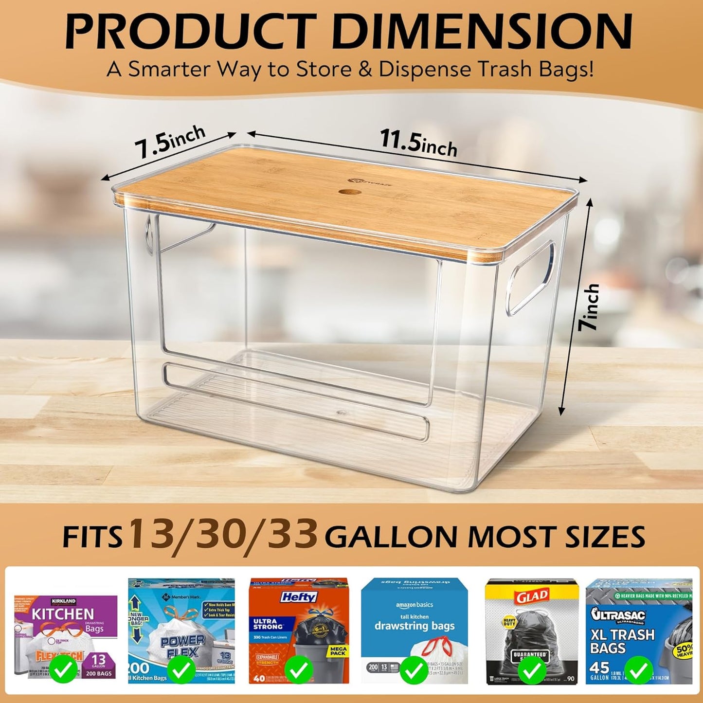 13/30/33-Gallon (11.5"x7.5"x7" inches) Stackable Trash Bag Dispenser with Wooden Top for Holding Large Bag Sizes