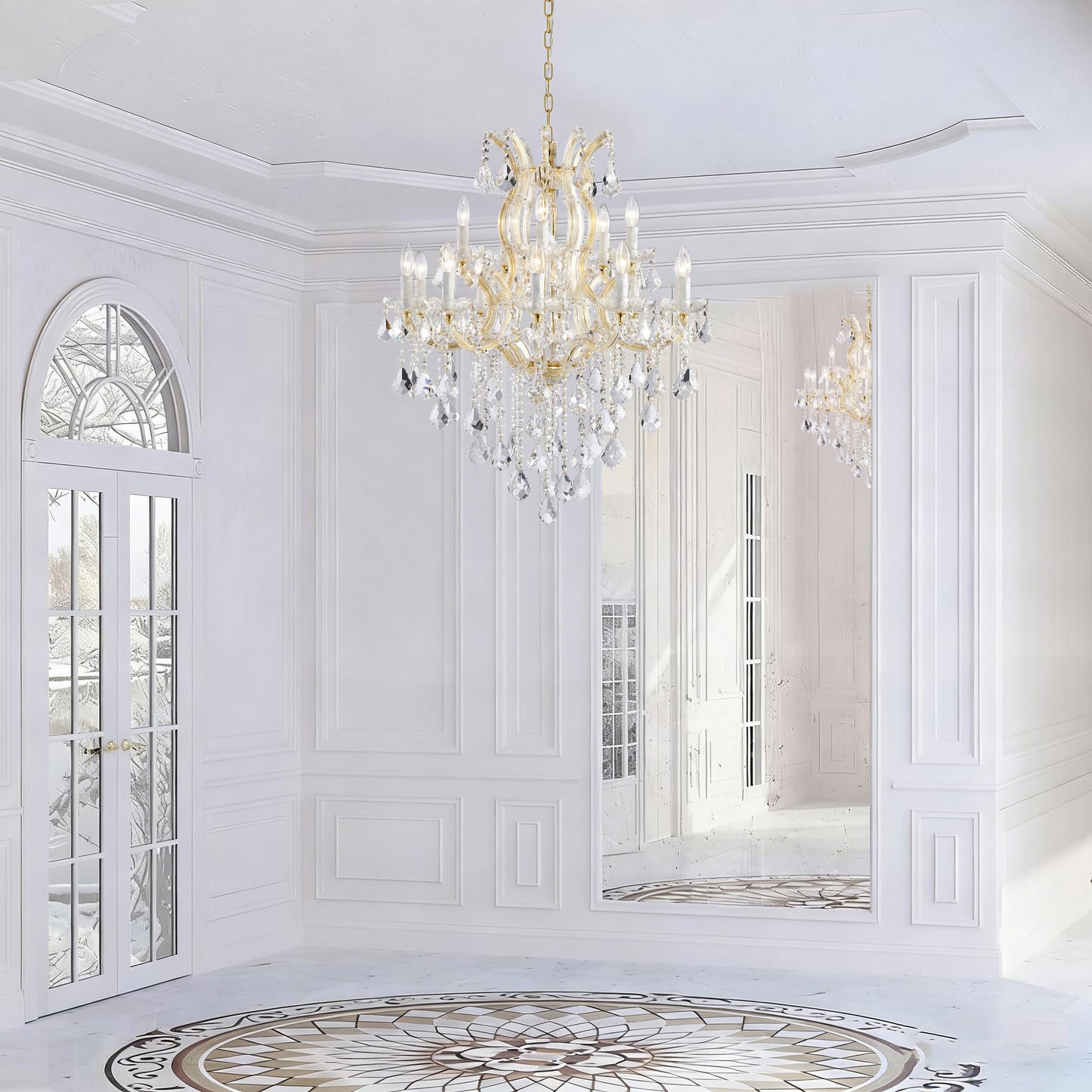 TMAFON Modern Gold Chandelier Light Fixture - Large Maria Theresa Crystal Chandeliers for Dining Room, Kitchen Island, Living Room, Bedroom, 15 Lights, 2 Layers