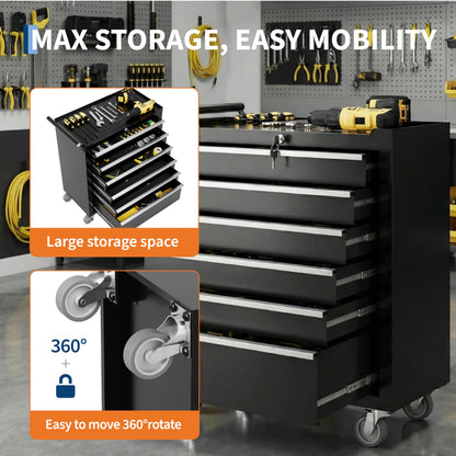 Garvee Rolling Tool Chest, 6 Drawers Tool Storage Cabinet, Toolbox with Wheels, Portable Tool Cabinet Organizer with Locking System & Drawer Liners, Tool Storage Cart for Garage, Workshop, Black