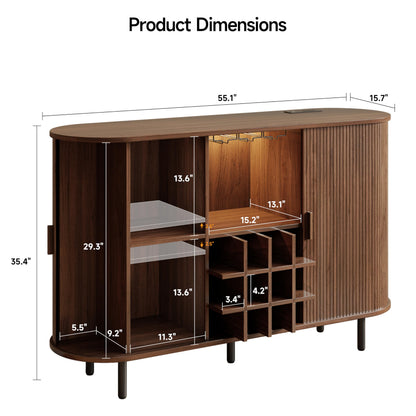55" Wine Cabinet, Fluted Coffee Bar Cabinet with LED Light, Modern Liquor Coffee Station with Power Outlet, Wine Rack & Glass Holder, Sliding Door Buffet Sideboard Table for Kitchen, Entryway, Walnut