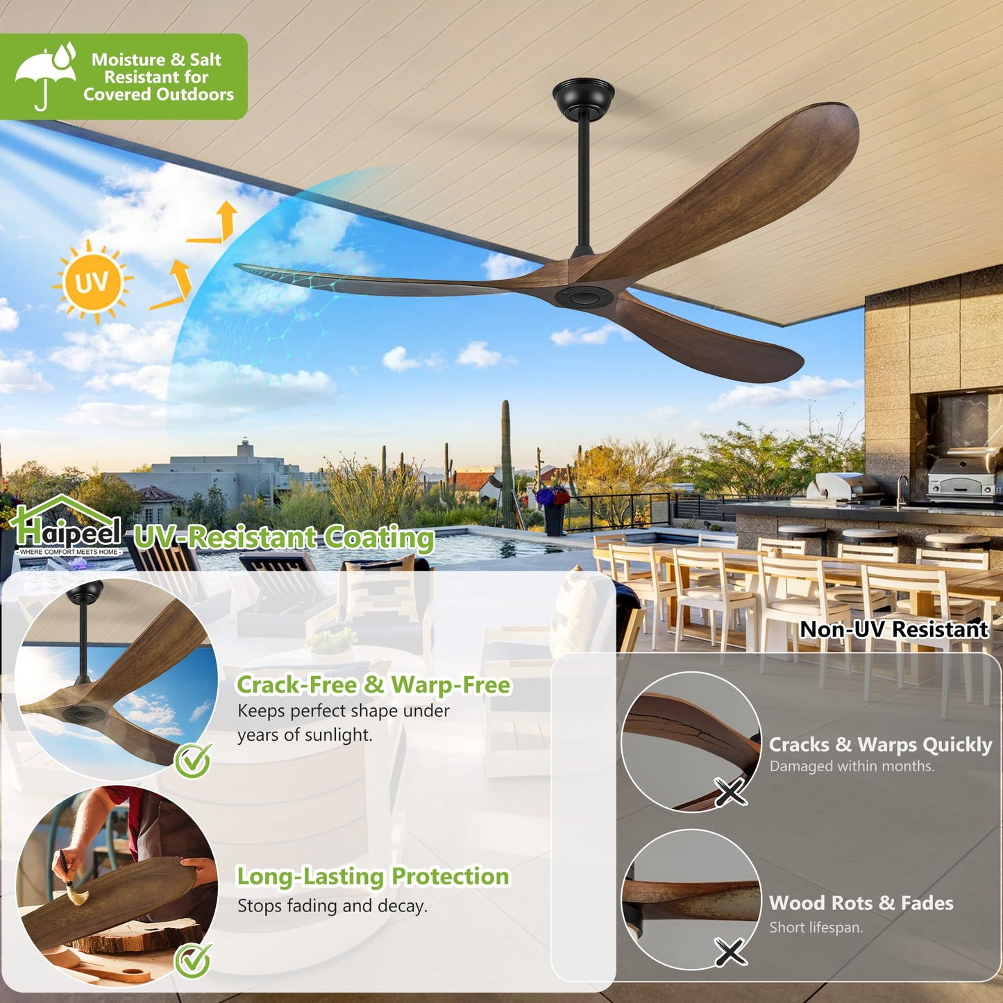 72 Inch Ceiling Fans without Lights, Wood Large Ceiling Fan no Light and Remote Control, Modern Indoor Outdoor Ceiling Fan no Light 3 Blade Propeller for Patios Farmhouse Garage High cfm, Dark Walnut