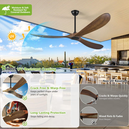72 Inch Ceiling Fans without Lights, Wood Large Ceiling Fan no Light and Remote Control, Modern Indoor Outdoor Ceiling Fan no Light 3 Blade Propeller for Patios Farmhouse Garage High cfm, Dark Walnut
