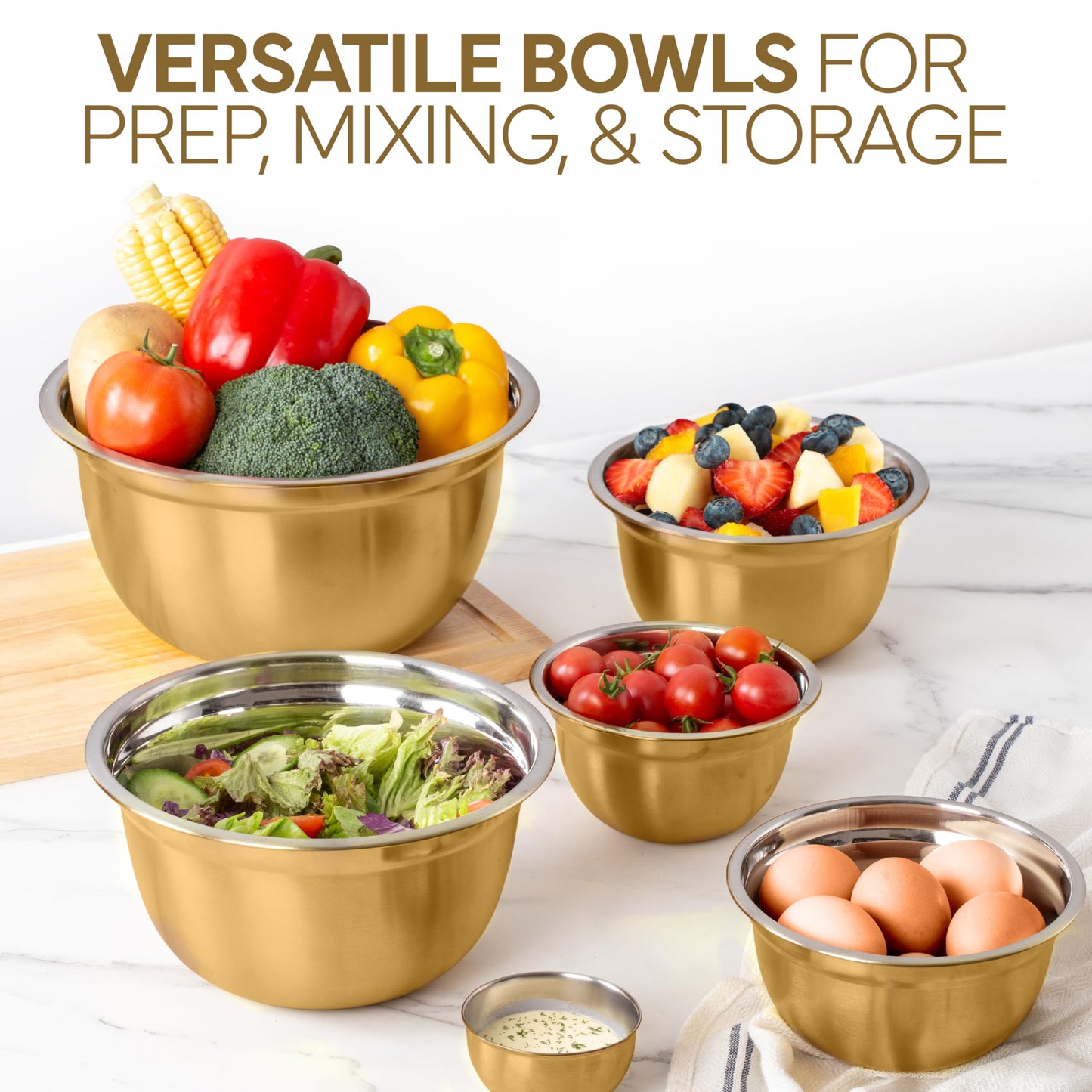 COOK WITH COLOR 18 Piece Mixing Bowls Set with Airtight Lids, Stainless Steel Bowl Organizers, Food Storage Containers, Meal Prep, Nesting Salad Bowls For Cooking, Baking, Kitchen Use, Gold