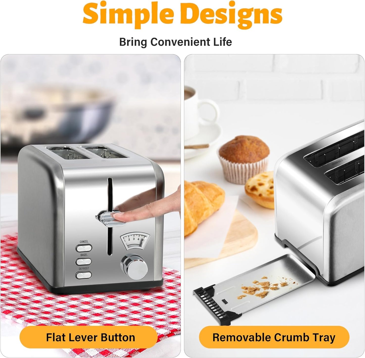 YSSOA 2 Slice Stainless Steel Toaster, Extra Wide Slot & Removable Crumb Tray, Retro Compact Oven, Silver