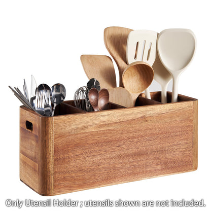 SANOSY 16" Wooden Kitchen Utensil Holder, Extra Large Acacia Wood Organizer for Cooking Tools, Utensils & Cutlery Storage – 4-Compartment Countertop Holder