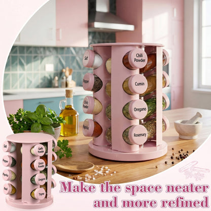Yungyan Pink Rotating Spice Rack Seasoning Organizer with 16 Empty Jars, Spice Containers Set with Labels and Funnel, Revolving Seasoning Rack for Kitchen Accessories (Stainless Steel,Glass)