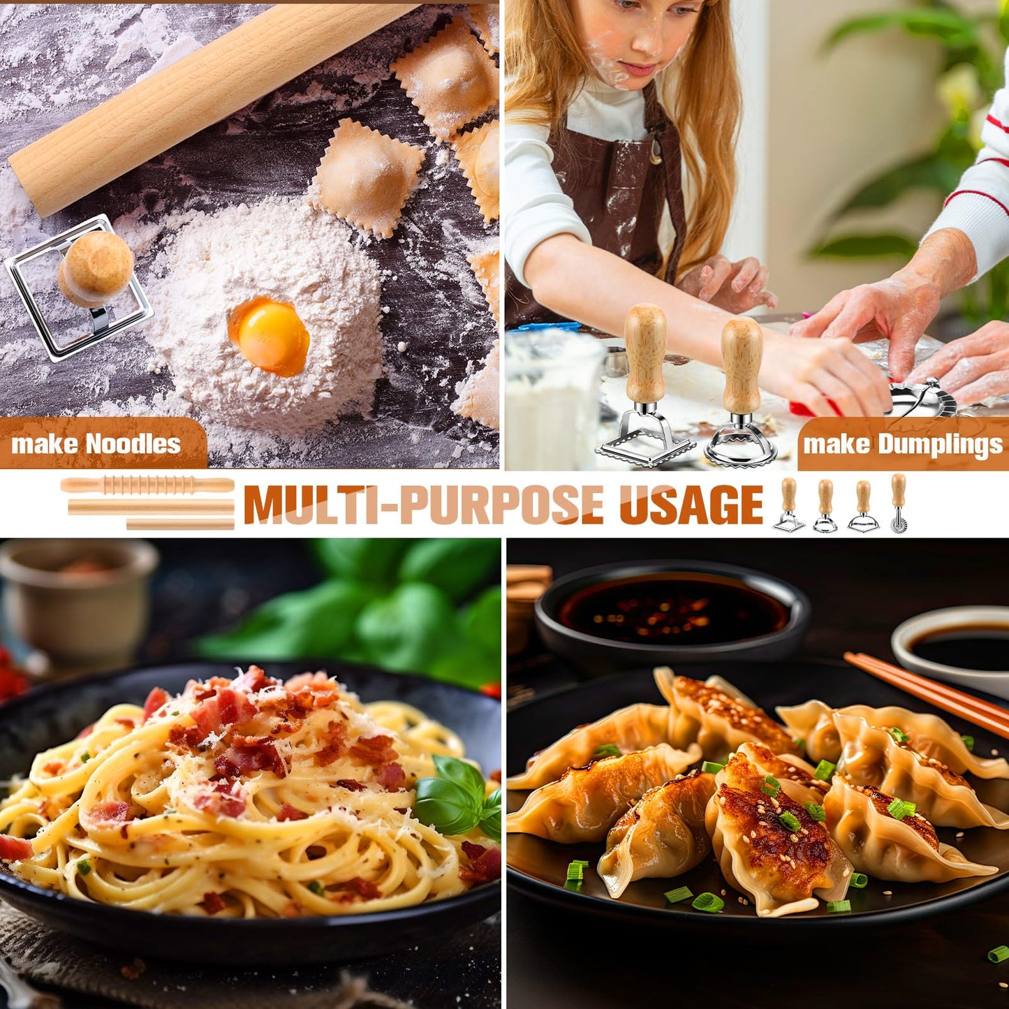 9 Pcs Gnocchi Pasta Making Tools kit - Gnocchi Board, Pasta Cutter, Ravioli Stamp, Wood Threaded Pasta Roller Pin Set, Noodle and Dumplings Maker, Homemade Kitchen Gift for Pasta Lovers