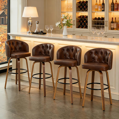 Dorlicecass 26" H Counter Height Bar Stools Set of 4，360°Swivel Bar Stools with Back,Seat Height Upholstered Counter Stools with Wood Legs and Footrest，Leather Farmhouse（Brown）