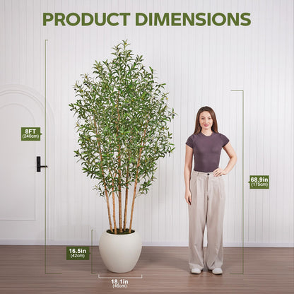 VeriNatural 8FT Olive Trees Artificial Indoor, Faux Olive Tree with Natural Wood Trunk, Lifelike Fake Plant with White Planter Included, Realistic Artificial Plants for Home Office Living Room Decor
