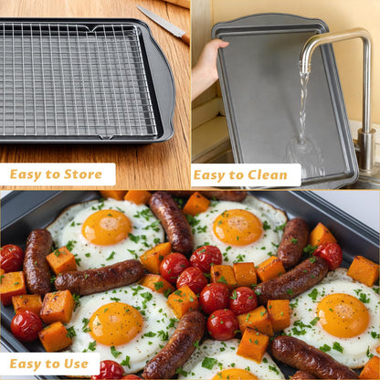 Gymdin Baking Sheet with Cooling Racks - Carbon Steel Cookie Sheets for Baking [2 Sheets + 2 Racks], Nonstick Baking Pans, Perfect for Baking, Roasting, and More, Size 17 x 11 x 0.5 Inches