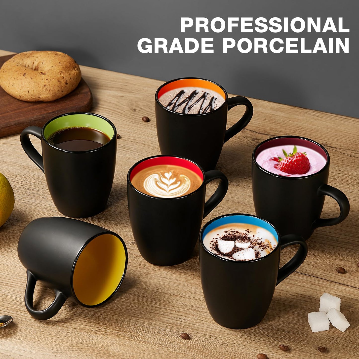 Qipecedm 6 Pack Porcelain Coffee Mugs Set, 12 Ounces Ceramic Coffee Mugs, Matte Black Coffee Mug, Restaurant Cups for Coffee, Tea, Cappuccino, Cocoa, Cereal, Black outside and Colorful inside