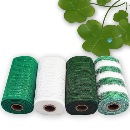 NBHH St. Patrick's Day Mesh Ribbon Deco,White Green Dark Green Border Striped Deco Mesh Wire Ribbon Metallic Foil Rolls for DIY St. Patrick's Decorations Wrapping Craft, 4 Rolls(6 inch Wide)
