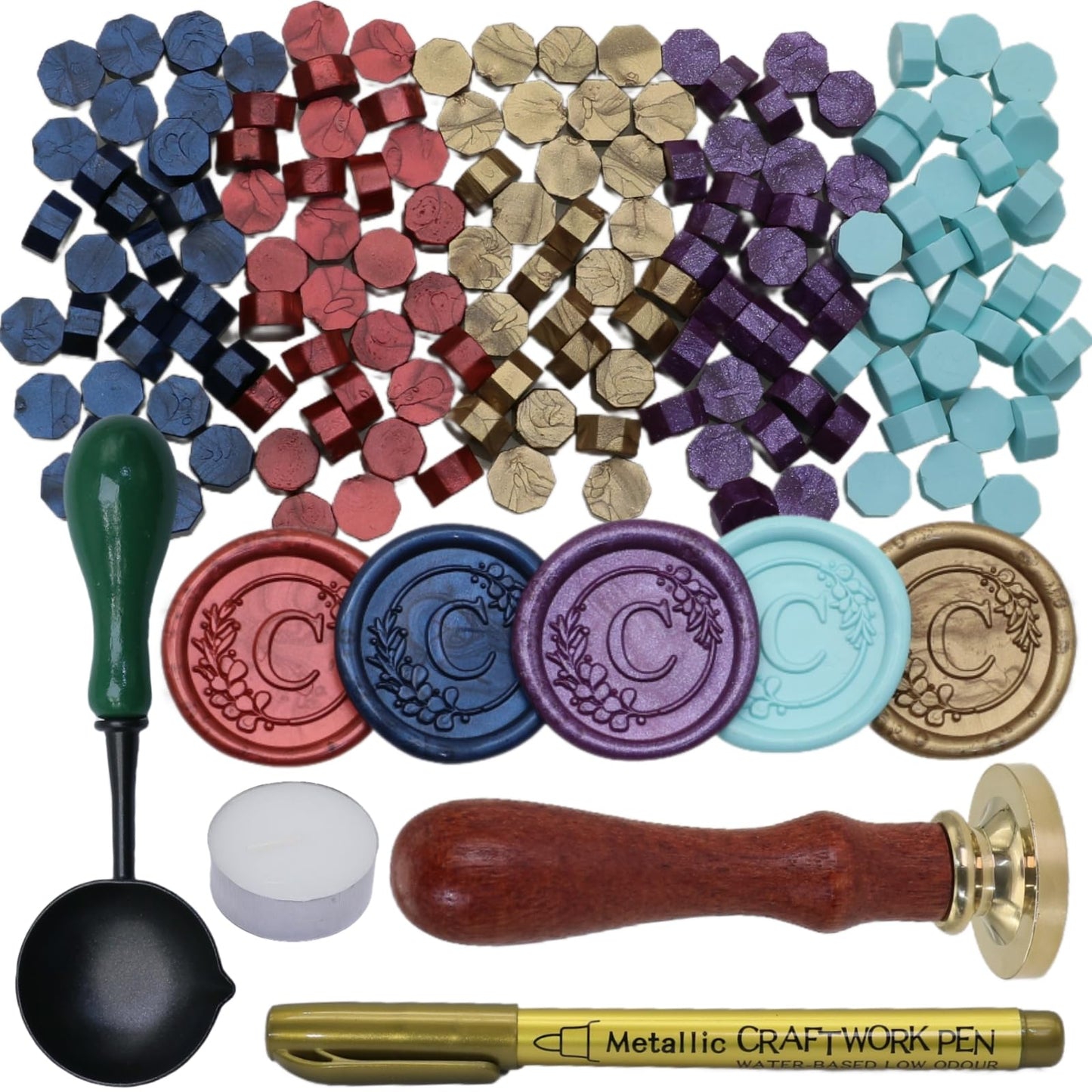 Initial Alphabet C Wax Seal Stamp Set, Retro Letter Sealing Stamp with 150Pcs Sealing Wax Beads in 5 Color, Melt Non Stick Spoon Pen Kit for Wedding and Christmas (C)