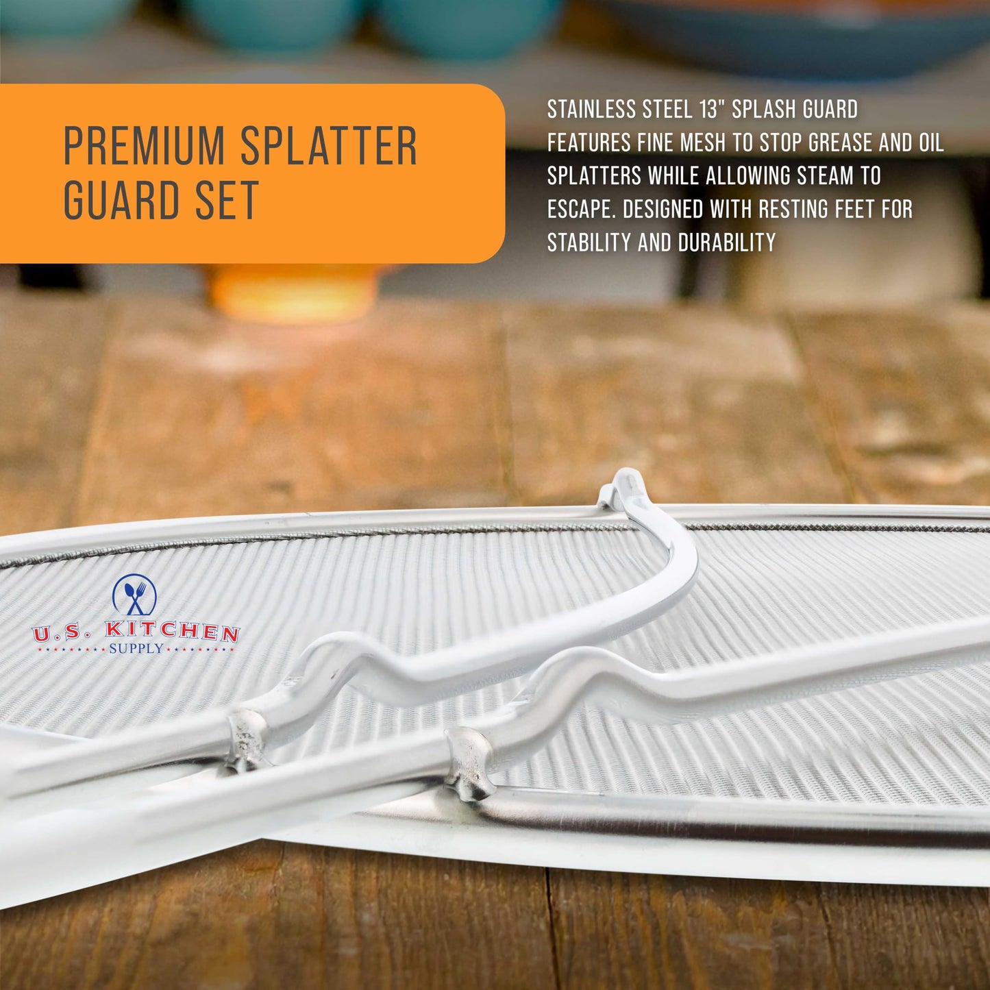 U.S. Kitchen Supply Stainless Steel Splatter Guard 13" Fine Mesh Cover, Grease & Oil, Splatter Screen for Frying Pan, Cooking Pots, with Resting Feet