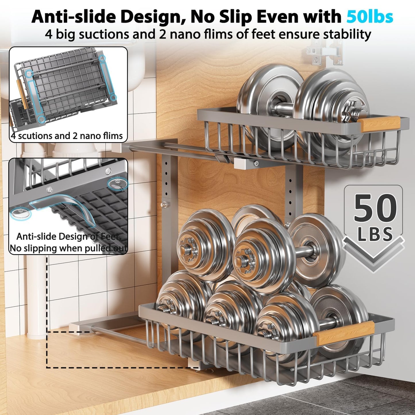 Liuoud Under Sink Organizer 2 Pack, 2 Tier Slide Out Large Capacity Height Adjustable Under Sink Organizers and Storage for Kitchen Bathroom Cabinet, Grey