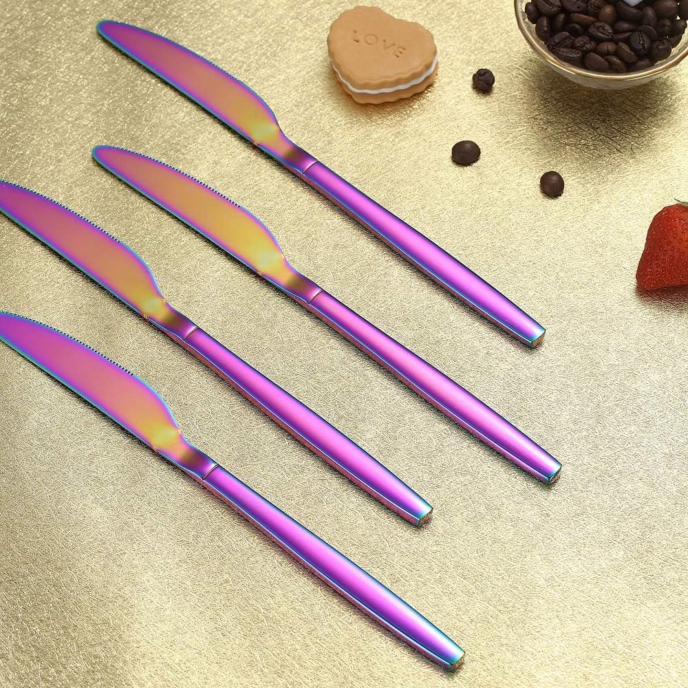 HOMQUEN Rainbow Dinner Knives, 4 Pieces, 9" Stainless Steel Modern Design with Colorful Titanium Plating