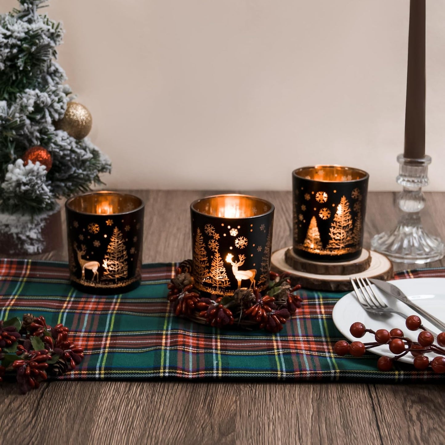 Skiennix Votive Candle Holders - Black and Gold Glass Tealight Set of 3 | Festive Elk, Tree & Snowflake Design