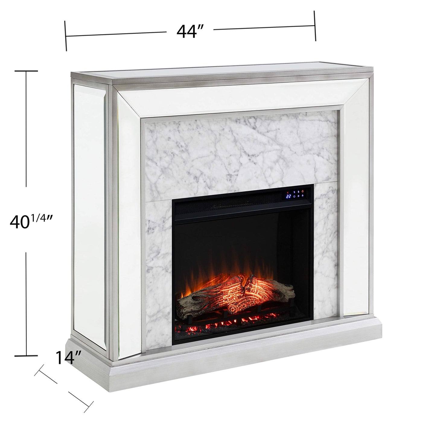 SEI Furniture - Trandling Mirrored Touch Screen Electric Fireplace with Faux Marble - Transitional Design, Grey Glass and Wood - Ideal for Living Room, Bedroom (FR1027359)