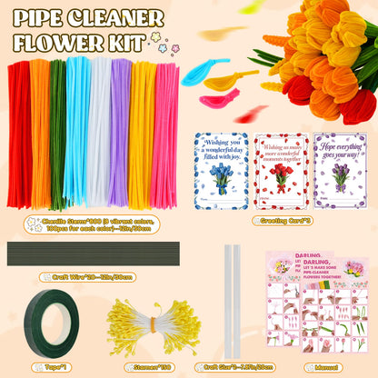 800PCS Pipe Cleaners Flower Kit, Pipe Cleaner Bulk Craft Flower Making Kit with Instruction, 8 Colors Thick Chenille Stems for Arts DIY Craft Supplies with Greeting Card, Floral Wires, Tape, Stamen