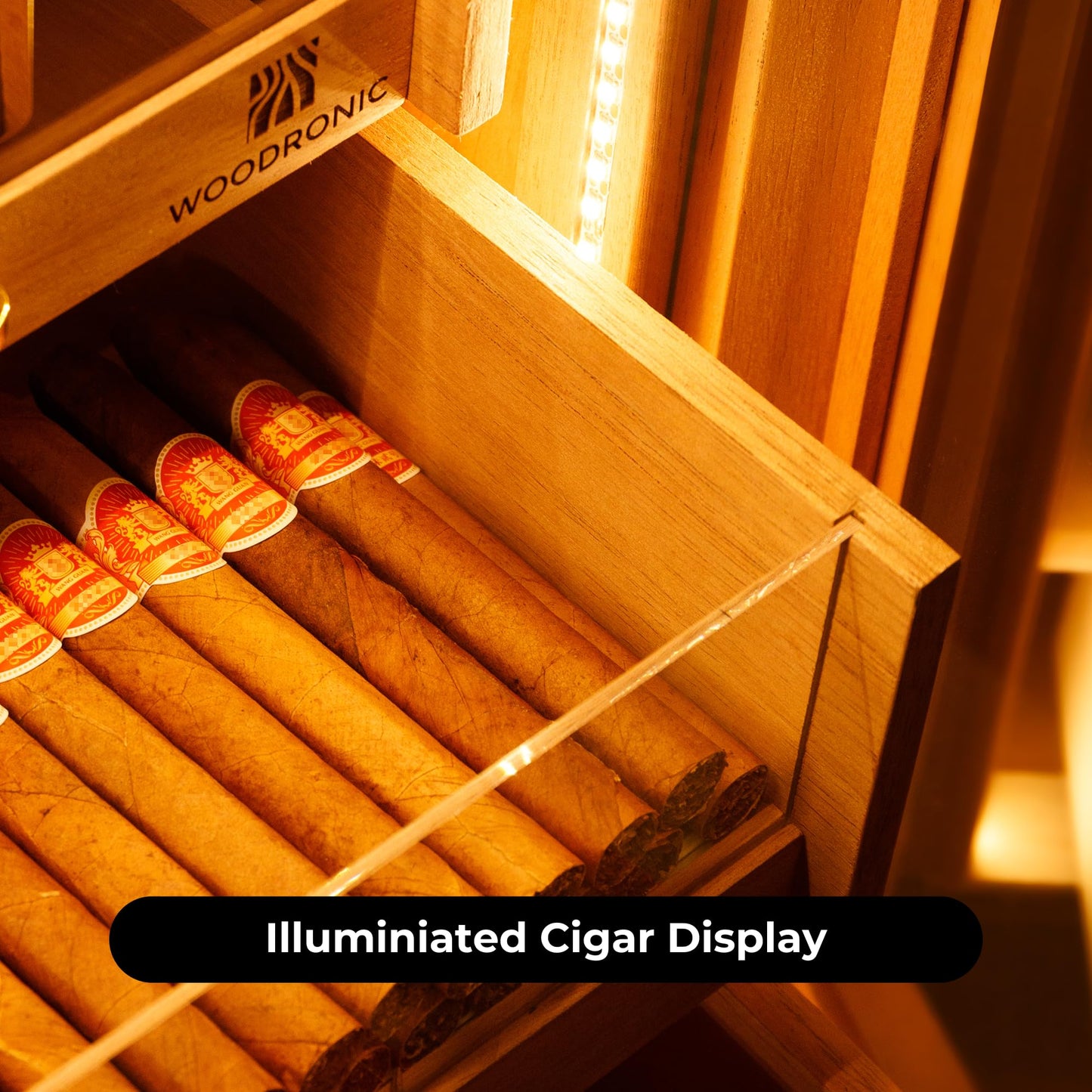 Woodronic Cigar Humidor Cabinet with LED Light, USB Cable & Adapter, Lock & Keys, Spanish Cedar Lining, Accessory Drawer, Hygrometer & Humidifiers, Glossy Ebony Finish, Gift for Fathers, 250 Counts