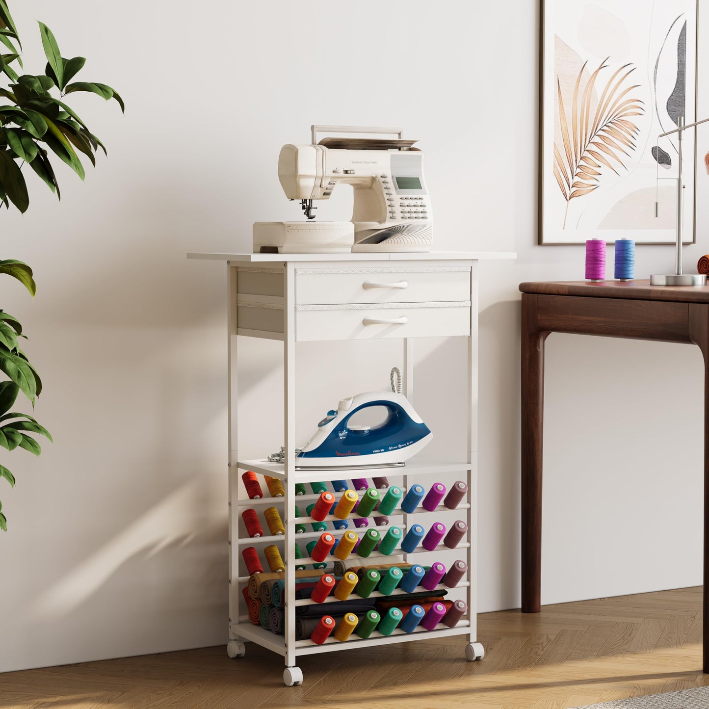 NinPeen Rolling Sewing Machine Table with 2 Fabric Drawers，Craft Table on Wheel with Spools Thread Holder，Portable Sewing Cabinet for Embroidery Machine with 3 Open Shelves for Small Spaces (White)