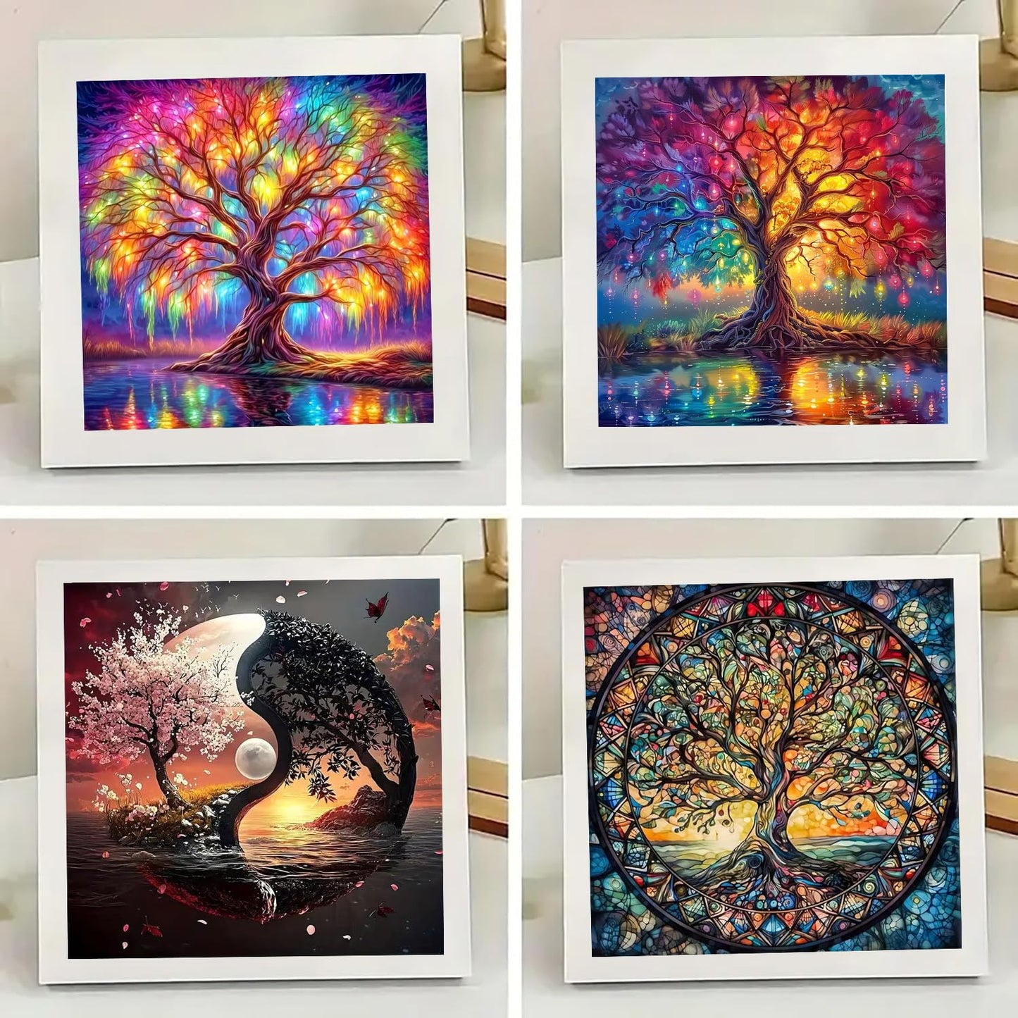 mrpwnle 4 Pack Tree of Life Diamond Art Kits for Adults - Tree of Life Diamond Painting Kits for Adults Beginners, 5D Round Full Drill Diamond Art Dots Gem Art Kit for Home Wall Decor 12x12in
