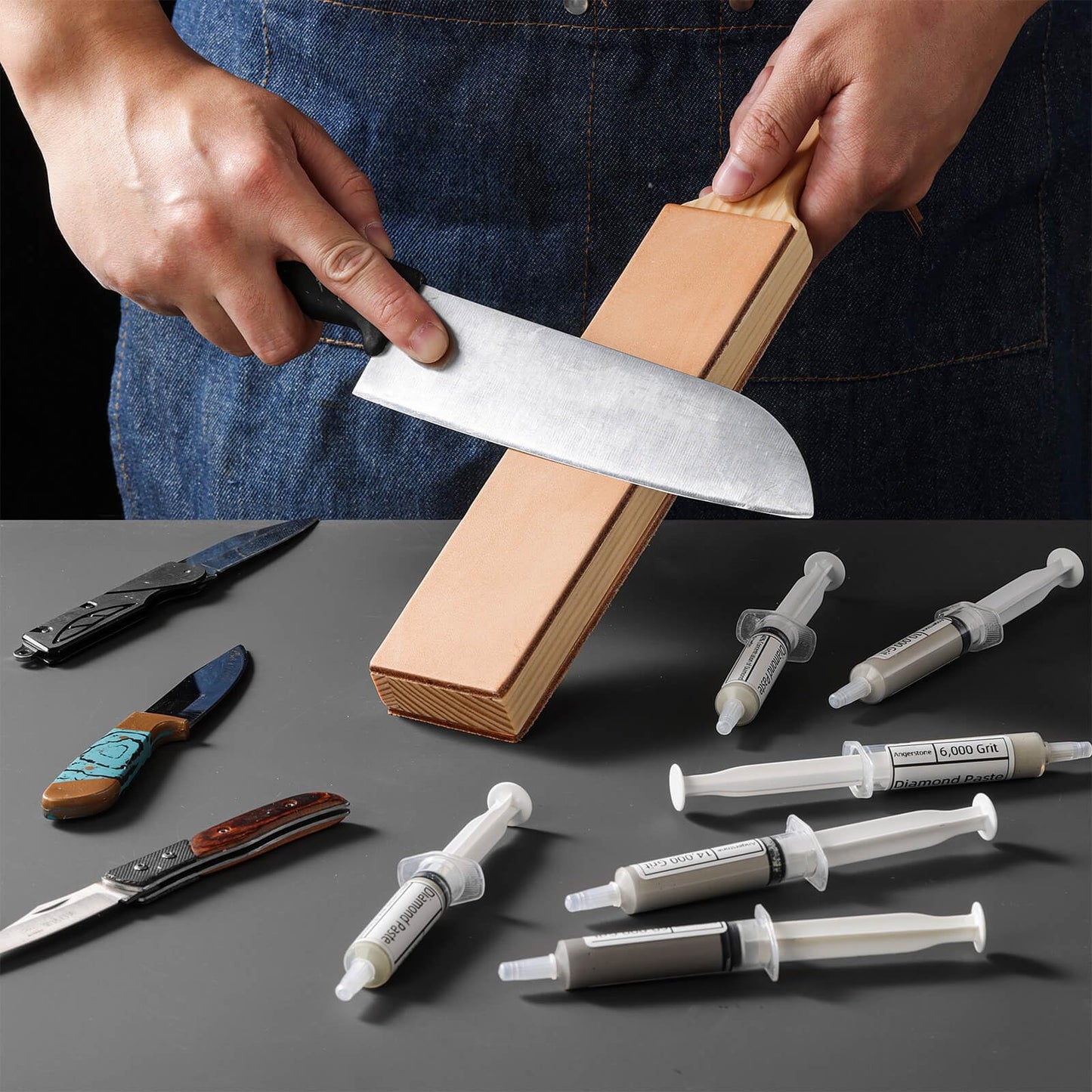 Angerstone Double Sided Diamond Leather Strop for Knife Sharpening with 6 Diamond Polishing Compounds - Cowhide Stropping Kit with Stropping Compounds, Knife Strop Block Stropping Leather