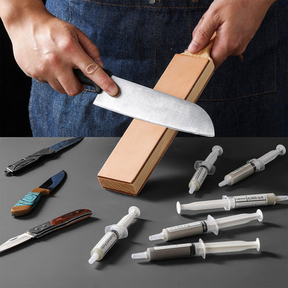 Angerstone Double Sided Diamond Leather Strop for Knife Sharpening with 6 Diamond Polishing Compounds - Cowhide Stropping Kit with Stropping Compounds, Knife Strop Block Stropping Leather