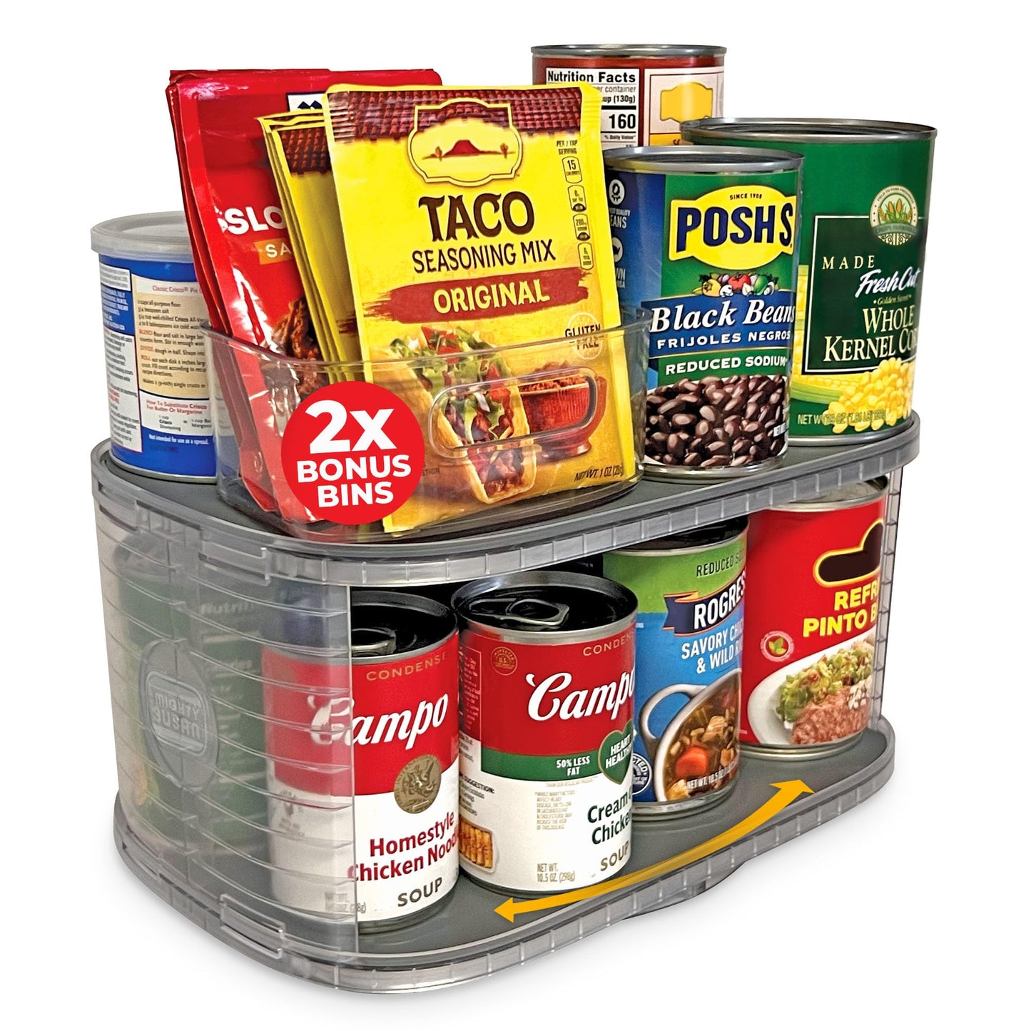Mighty Susan 2-Tier Lazy Susan Pantry Organizer – Steel Reinforced Turntable for Kitchen Cabinets & Pantry Storage – Heavy-Duty Can Organizer Holds Up to 30 lbs – Rotates 360° – Includes 2 Bonus Bins