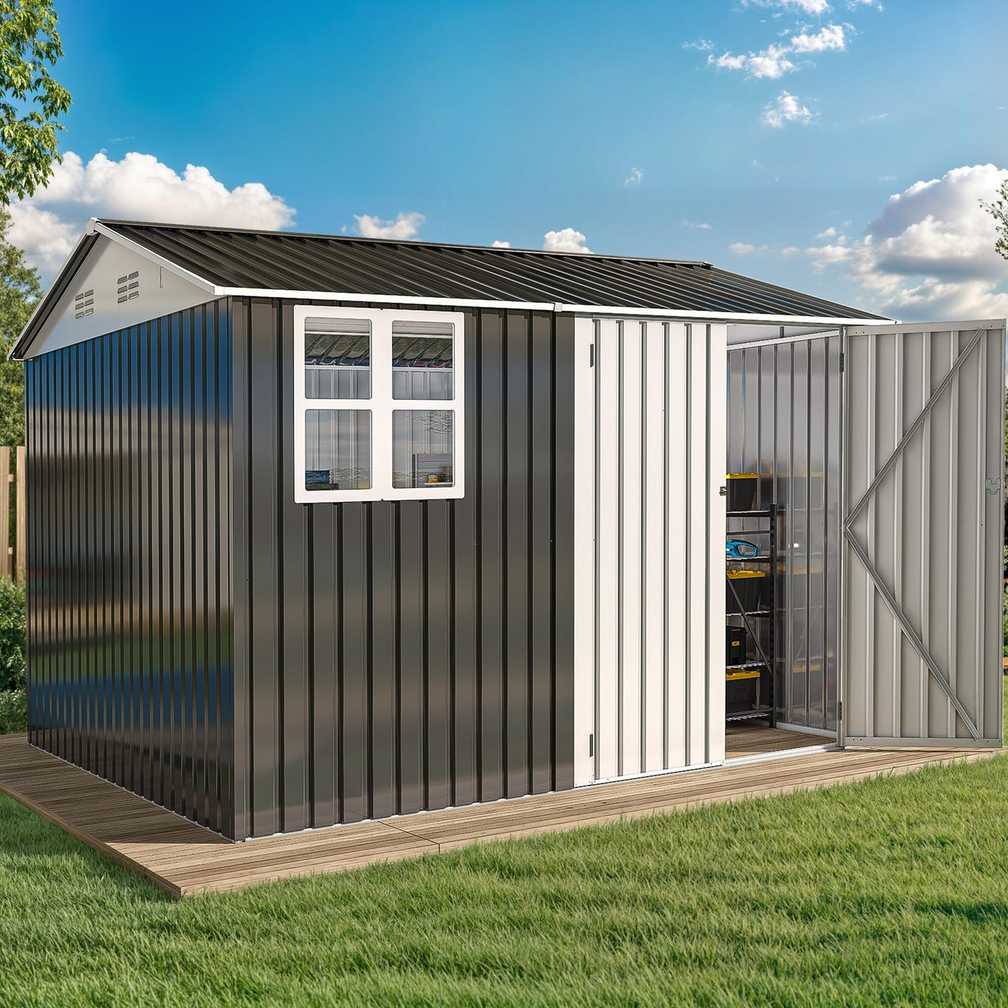 DWVO 10x8ft Large Tool Storage Shed with Window, Lockable Doors, and Sloped Roof, Oversized Steel Outdoor Storage Shed for Garden, Patio, Garage, Backyard, Lawn - Gray & White