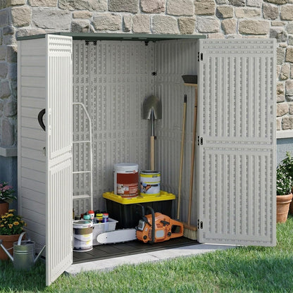 EHHLY Vertical Resin Storage Shed, 60 Cuft Garden Tool Sheds & Outdoor Storage, Plastic Outdoor Storage Cabinet Waterproof, 4.5 x 2.3 ft Backyard Outside Lawn Mower Storage Shed, Light Grey