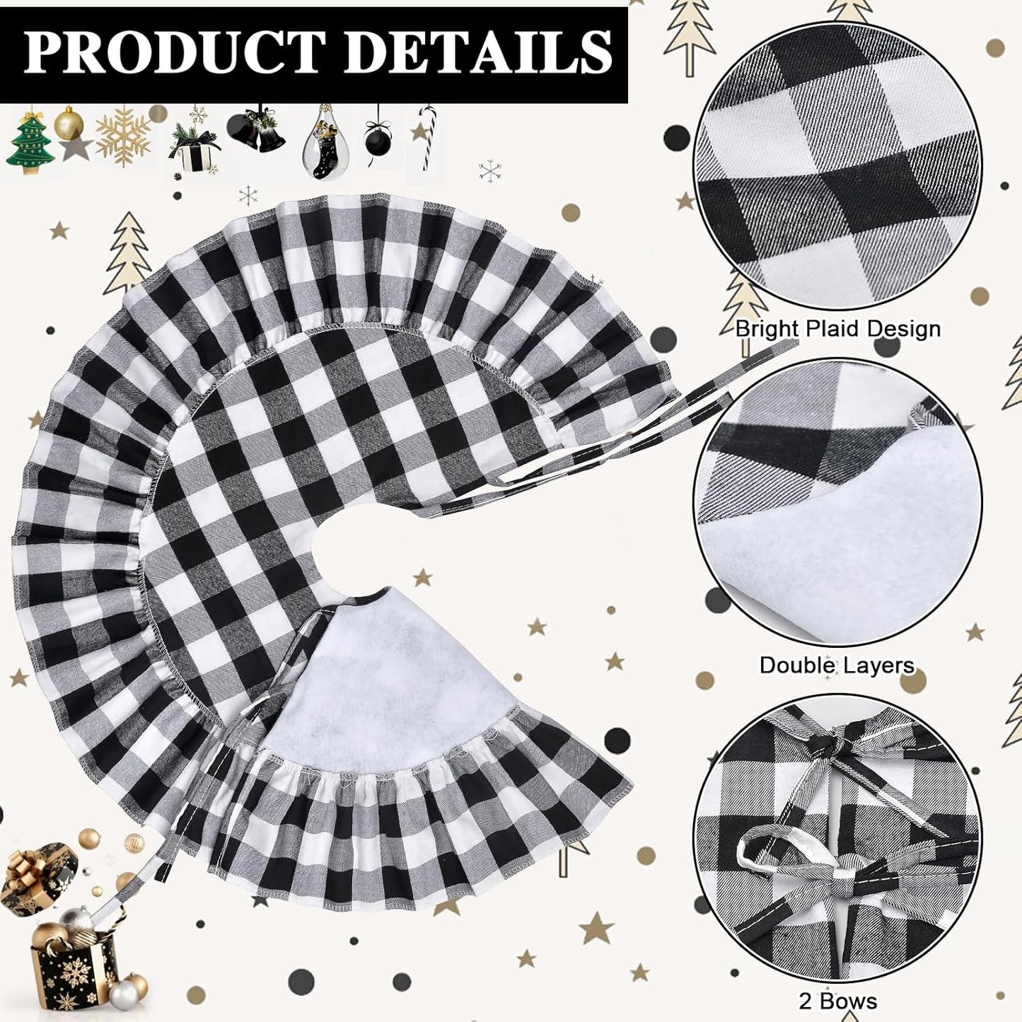 Yuboo Buffalo Plaid Tree Skirt, Black and White Check Mini 24 Inch for Tabletop Holiday Decor