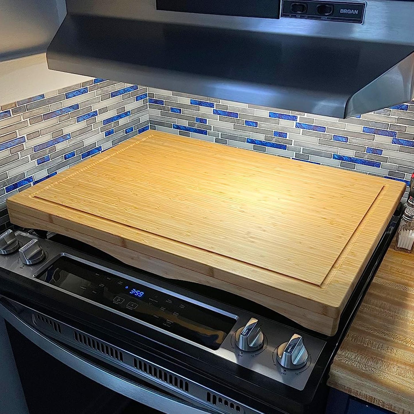 YUHFERA Stove Cover Board for Gas Stovetop - Raised Cutting Board with Legs and Juice Grooves, Adjustable Noodle Board Stove Cover for RV Stove Top (29.52"x21.65")
