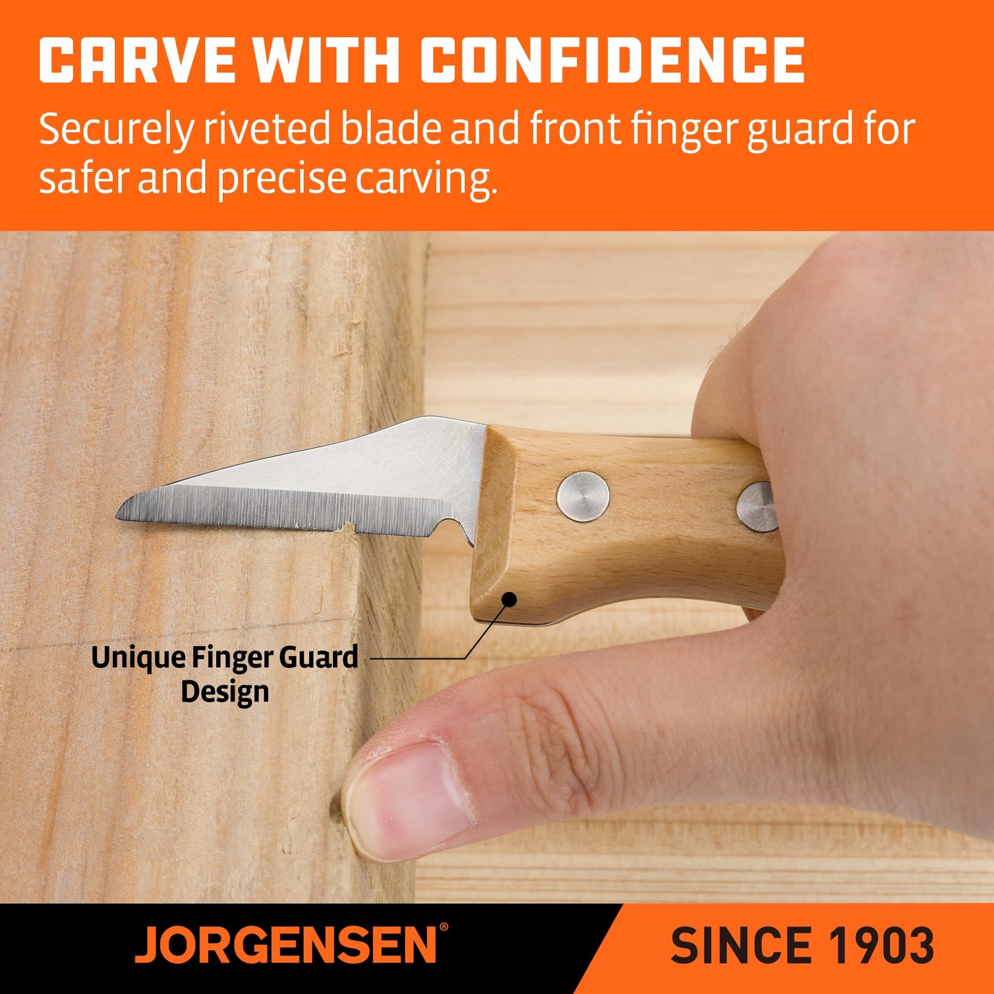 Jorgensen 3-Piece Wood Carving Tools, Stainless Steel Whittling Knife Set with Canvas Pouch, Protective Blade Cover, Ergonomic Curved Handle - Professional Wood Carving Kit for Beginners