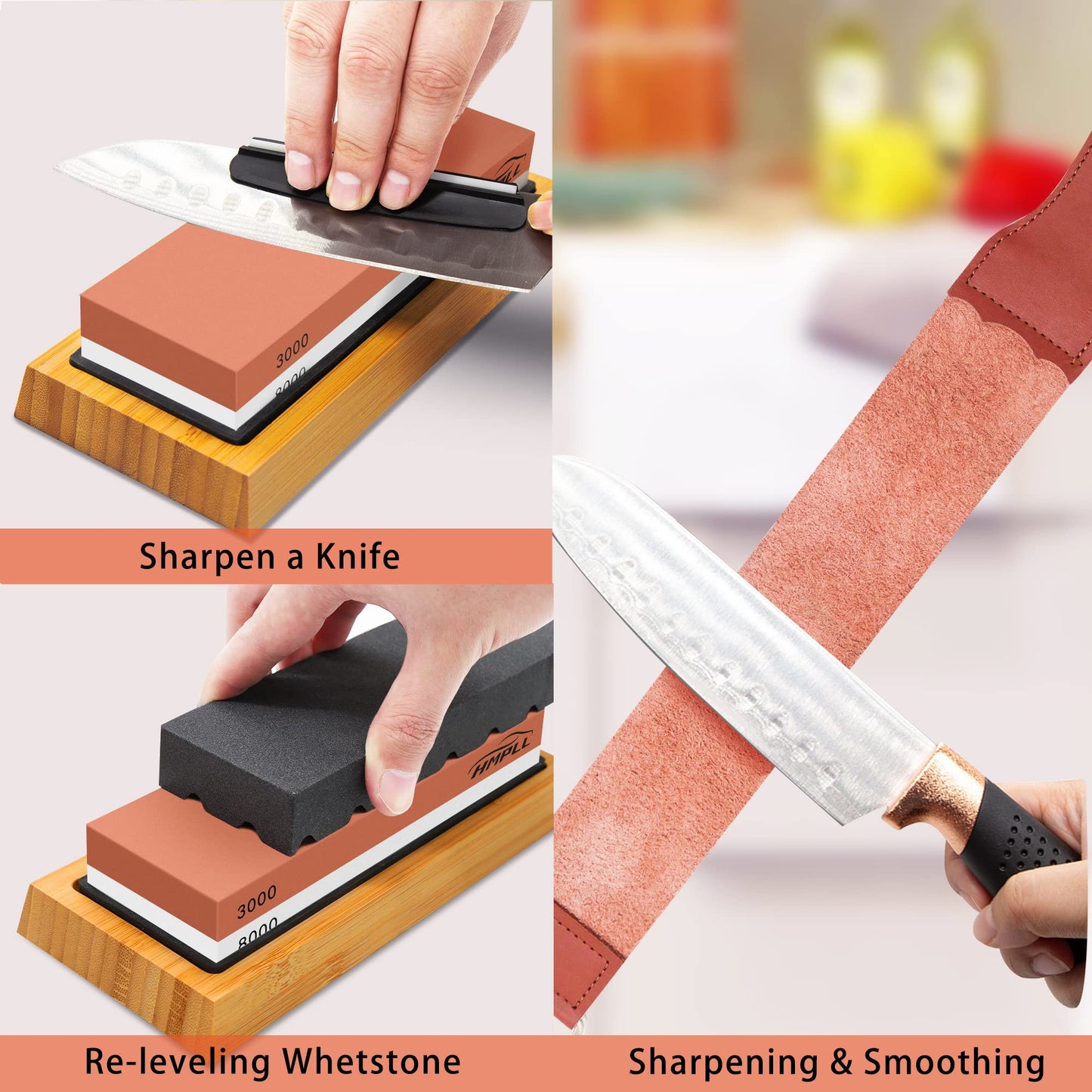 HMPLL Knife Sharpening Stone Set, Professional Whetstone 4 Side Grit 400/1000 3000/8000, Whetstone Knife Sharpener Stone Set Include Non-slip Base, Leather Strop, Flattening Stone & Angle Guide