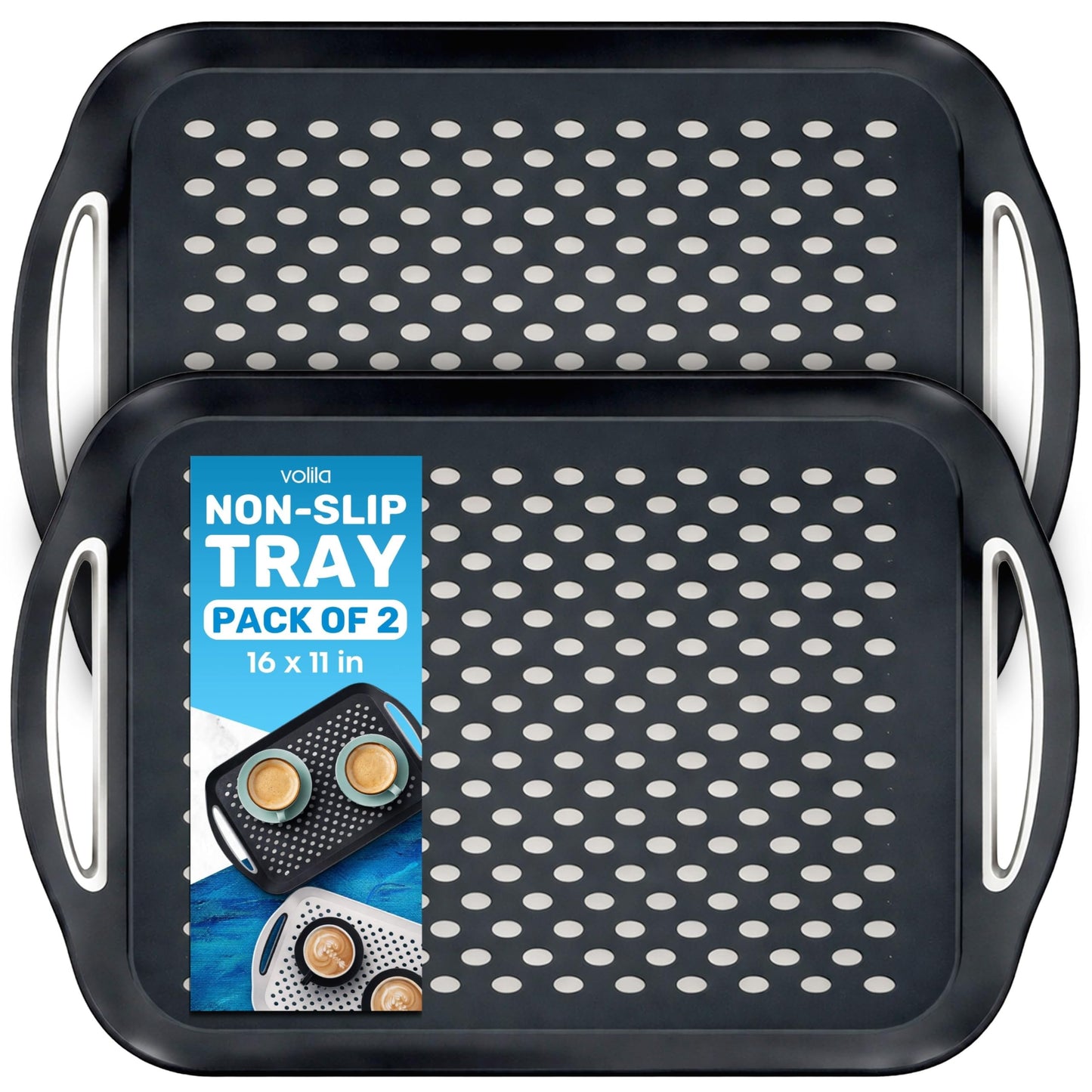 Food Trays for Eating on Couch - 2 Pack - Non Slip Dinner Trays for Eating Set of 2 Non Slip Serving Tray and Food Tray with Handles (Black)