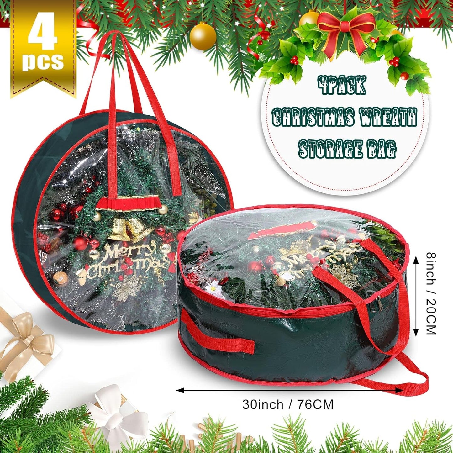 Shappy Christmas Wreath Storage Bag - Clear Window Plaid Container with Handles | 30 x 7 Inch, Green